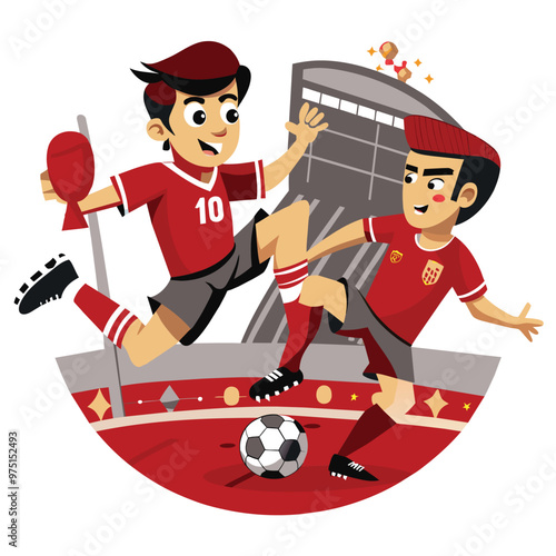 A cartoon football player strikes the ball for a penalty kick while another player watches both animated in an exciting stadium atmosphere