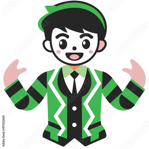 A cheerful character dressed in a green and black suit is enthusiastically gesturing showcasing a lively presentation with a friendly demeanor
