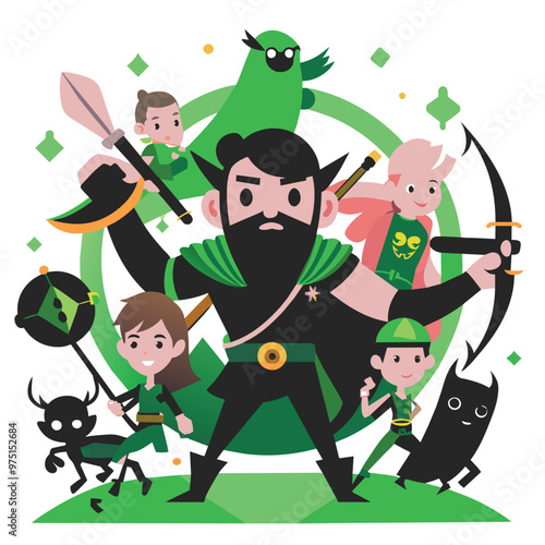 A heroic figure stands confidently at the center flanked by companions including a mystical creature and children set in a vibrant fantasy environment