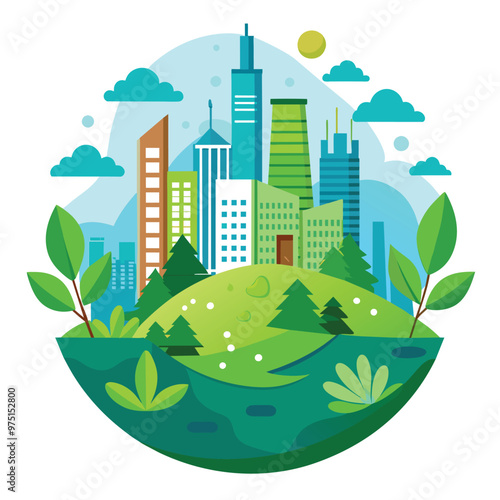 This illustration features a modern city skyline integrated with greenery highlighting sustainable architecture and urban ecology amidst lush hills and trees
