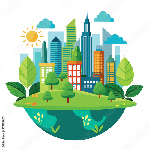 A lively illustration portrays a green ecology cityscape with colorful buildings trees and skyscrapers against a bright sky promoting sustainability and nature