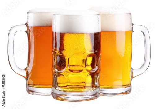 A vibrant display of three frosty beer mugs, showcasing golden and amber brews topped with frothy bubbles. Perfect for beverage themes.