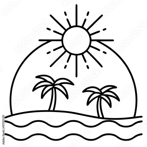 Bright sun over a tropical island bold line art vector 