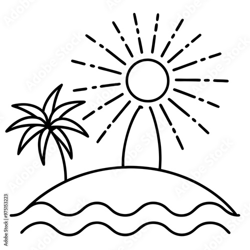 Bright sun over a tropical island bold line art vector 