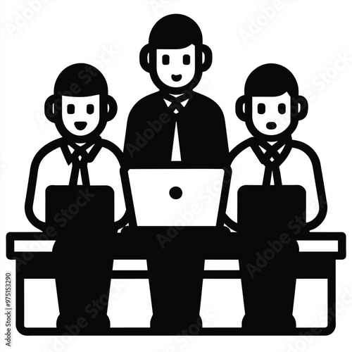 A group of employees engages in an important discussion regarding their managers responsibilities while seated at a desk with laptops