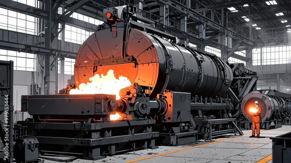Anime picture of an ultra-modern steel mill. The image shows the process of steel smelting Anime picture of an ultra-modern steel mill. The image shows the process of steel smelting