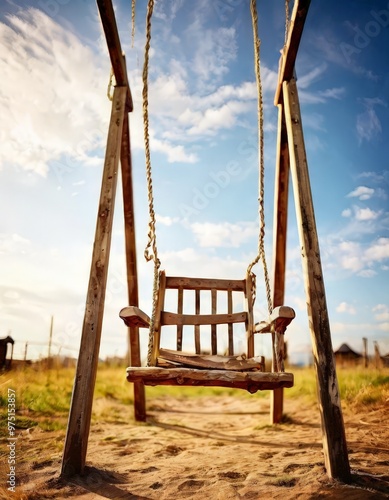 A charming wooden swing hangs under a clear blue sky, evoking a sense of nostalgia and tranquility. The rustic setting and bright daylight create a peaceful and inviting atmosphere in the countryside. photo