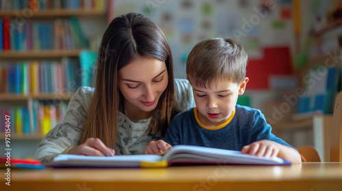 Female teacher and little boy student reading textbook together at table on blurred background, young woman teaching child to read, elementary school, kindergarten, schoolchild, girl tutor, nanny, kid