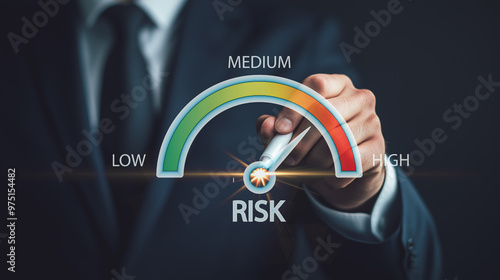 A businessman adjusts a virtual risk meter from low to high, visually representing risk management and assessment strategies in a corporate context. photo