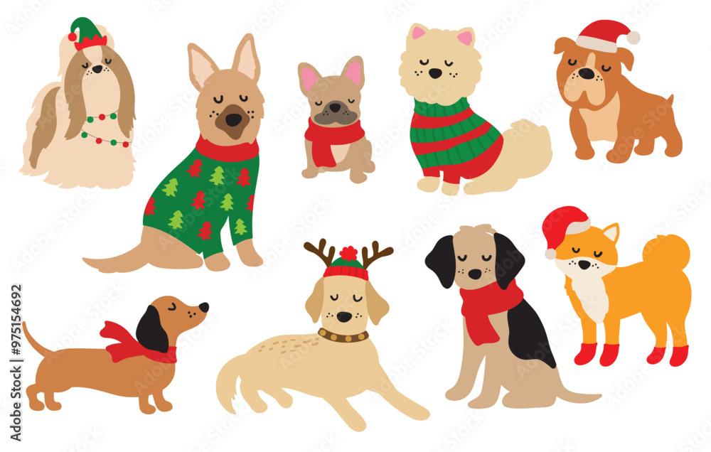 Cute Christmas dogs vector illustration.Festive dogs wearing Santa Claus hats, along with red and green holiday sweaters and scarves. Cute Christmas dogs vector illustration.Festive dogs wearing Santa Claus hats, along with red and green holiday sweaters and scarves.