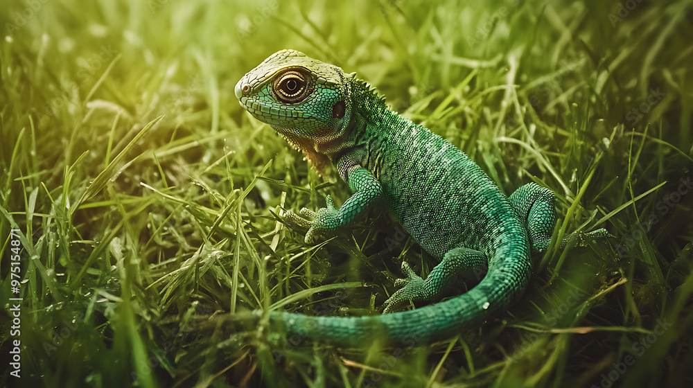 Emerald Guardian of the Grass: A vibrant green lizard basks in the golden sunlight, its scales glistening amidst a lush, verdant meadow. Emerald Guardian of the Grass: A vibrant green lizard basks in the golden sunlight, its scales glistening amidst a lush, verdant meadow.