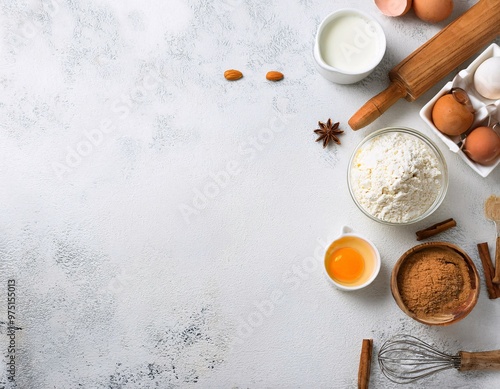 ingredients needed to make a pie or cake, including flour, sugar, butter, eggs, and other additives, generative ai photo