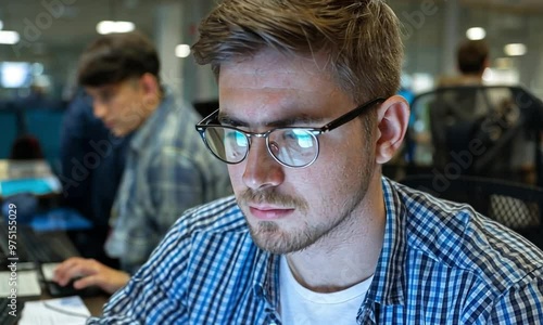 A young male software developer, concentrating while looking at a computer screen, with the glow of the screen reflecting in his eyes.