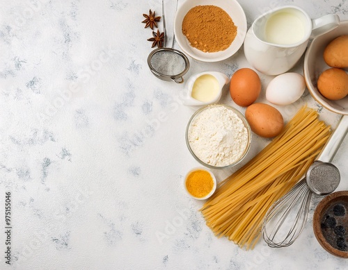 ingredients needed to make a pie or cake, including flour, sugar, butter, eggs, and other additives, generative ai photo