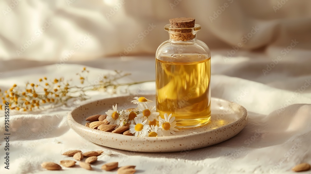 A Serene Display of Body Oil on a Ceramic Plate Surrounded by Delicate Flowers and Almonds for Natural Beauty A Serene Display of Body Oil on a Ceramic Plate Surrounded by Delicate Flowers and Almonds for Natural Beauty