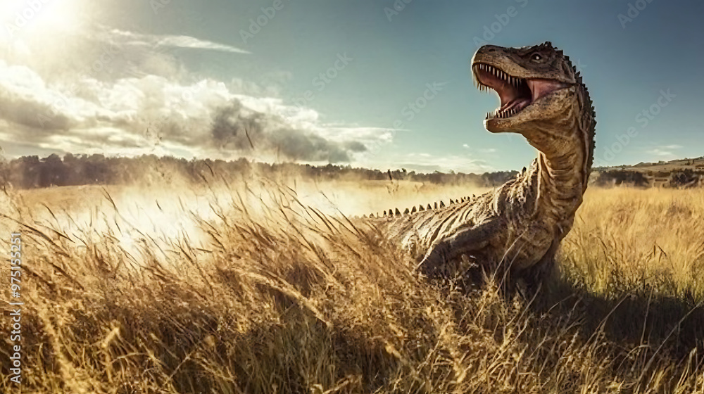 Naklejka premium Dinosaur Roaring in Golden Grass: A majestic dinosaur roars triumphantly, bathed in the golden light of a setting sun, its powerful presence commanding attention amidst the swaying grasses. The image