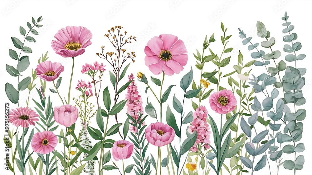 Set of watercolor spring plants: pink flowers, wildflowers, green leaves, branches and eucalyptus; hand painted isolated illustrations on a white background Set of watercolor spring plants: pink flowers, wildflowers, green leaves, branches and eucalyptus; hand painted isolated illustrations on a white background