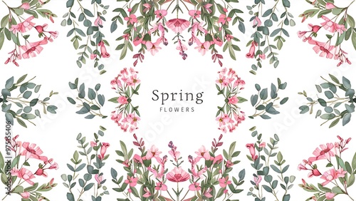 Set of watercolor spring floral frames and borders of pink flowers, wildflowers, green leaves, branches and eucalyptus;  hand painted isolated illustrations on a white background