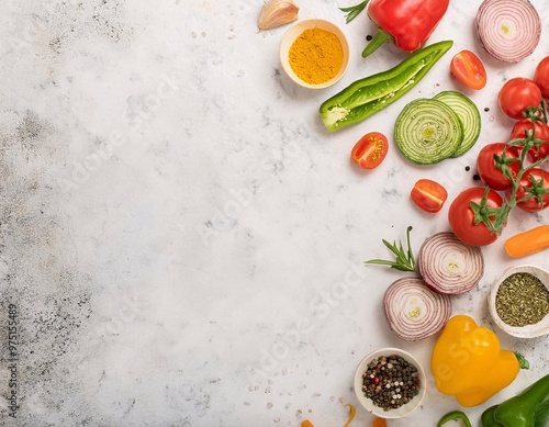 various vegetables, peppers, carrots, shallots and thinly sliced ​​spices, neatly served on the table. generative ai photo