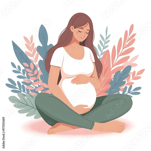 flat-style illustration of a pregnant woman standing gracefully, surrounded by soft leaves. Ideal for maternity, wellness, and nature-themed designs. Simple, elegant, and calming composition.