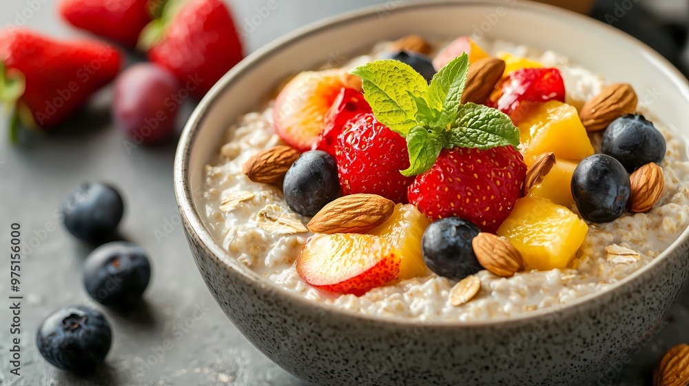A Colorful and Nutritious Bowl of Oatmeal Topped with Fresh Fruits and Nuts for a Perfect Healthy Breakfast Start A Colorful and Nutritious Bowl of Oatmeal Topped with Fresh Fruits and Nuts for a Perfect Healthy Breakfast Start
