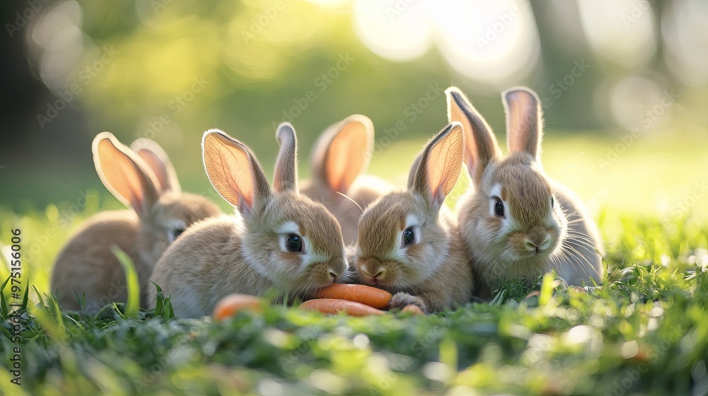 Fototapeta premium A nice group of healthy baby bunnies celebrating Easter, munching on grass, carrots, and food against the backdrop of a verdant garden. Adorable fluffy rabbits sniffing, exploring, enjoying the nature