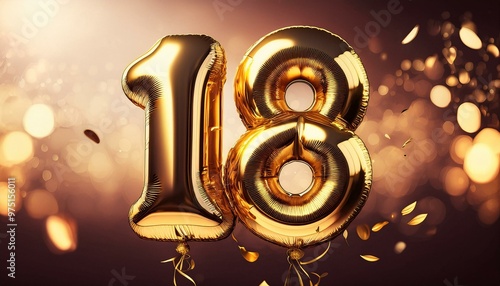 Golden foil balloon 18 floats in neutral space.