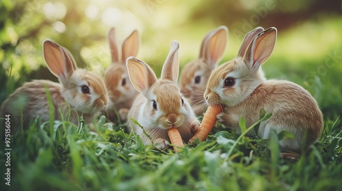 A nice group of healthy baby bunnies celebrating Easter, munching on grass, carrots, and food against the backdrop of a verdant garden. Adorable fluffy rabbits sniffing, exploring, enjoying the nature