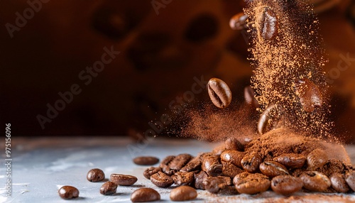 Fresh coffee beans combined with a sprinkling of chocolate powder and drizzled with soft white milk, generative ai photo