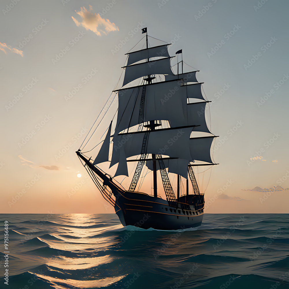 Fototapeta premium Silhouette of an old sailing ship cruising at sunset on the open ocean