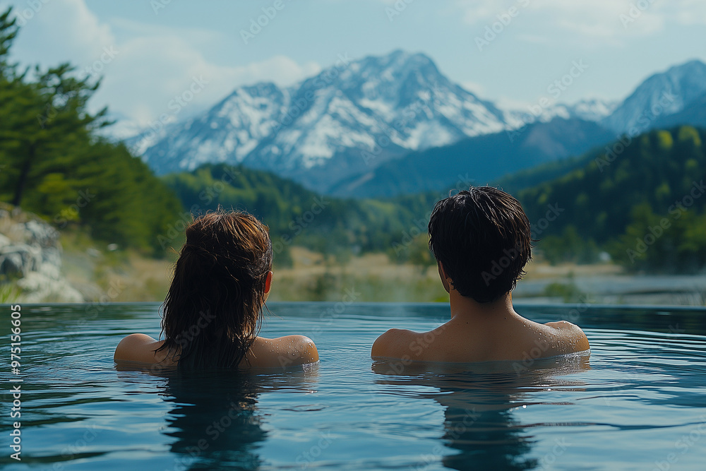Fototapeta premium A couple relaxing in an outdoor hot spring, surrounded by snow-capped mountains and peaceful nature.