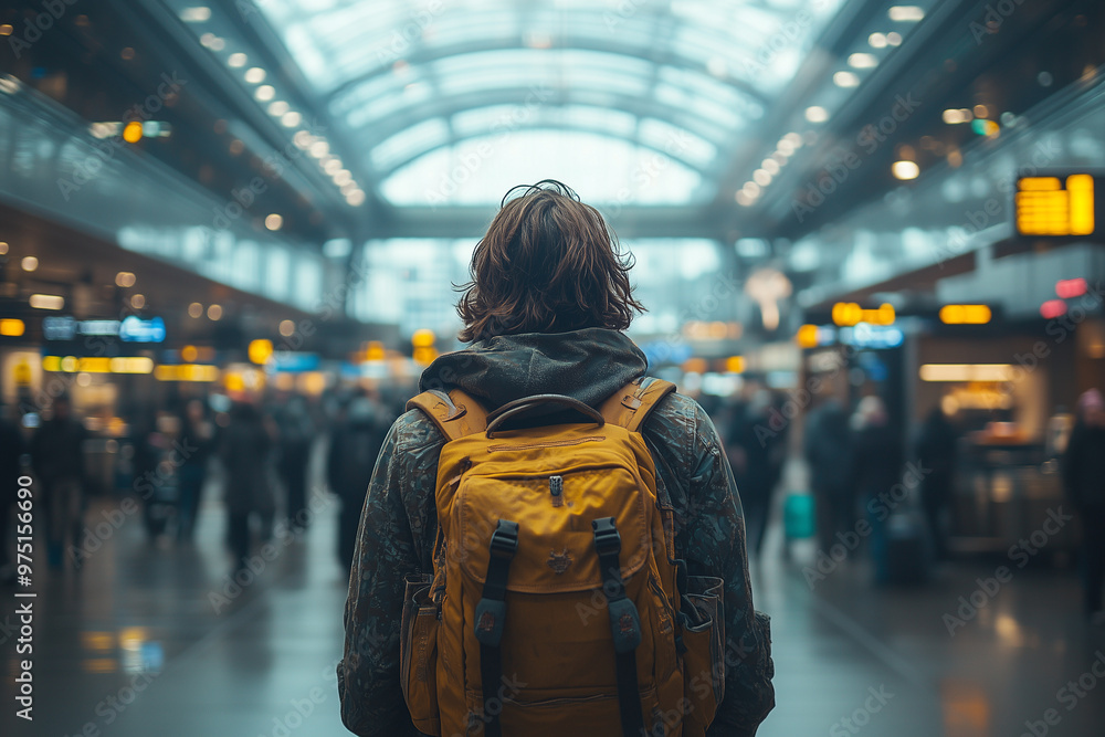 A solo traveler walking through a bustling airport terminal, excited to begin their international journey. A solo traveler walking through a bustling airport terminal, excited to begin their international journey.