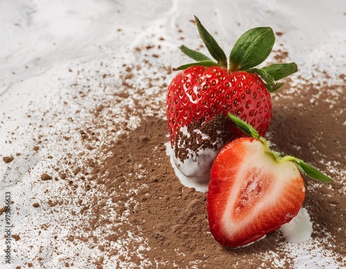 fresh strawberries drizzled with soft milk and sprinkled with chocolate powder on top, generative ai photo