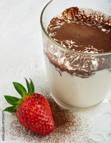 fresh strawberries drizzled with soft milk and sprinkled with chocolate powder on top, generative ai photo