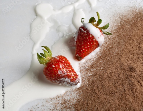 fresh strawberries drizzled with soft milk and sprinkled with chocolate powder on top, generative ai photo