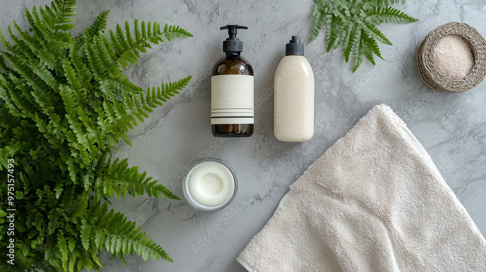 Beautiful green ferns and toiletries on countertop. Spa Essentials with Natural Elements for Relaxation. A tranquil setup featuring skincare products, soft towels, and natural greenery Beautiful green ferns and toiletries on countertop. Spa Essentials with Natural Elements for Relaxation. A tranquil setup featuring skincare products, soft towels, and natural greenery