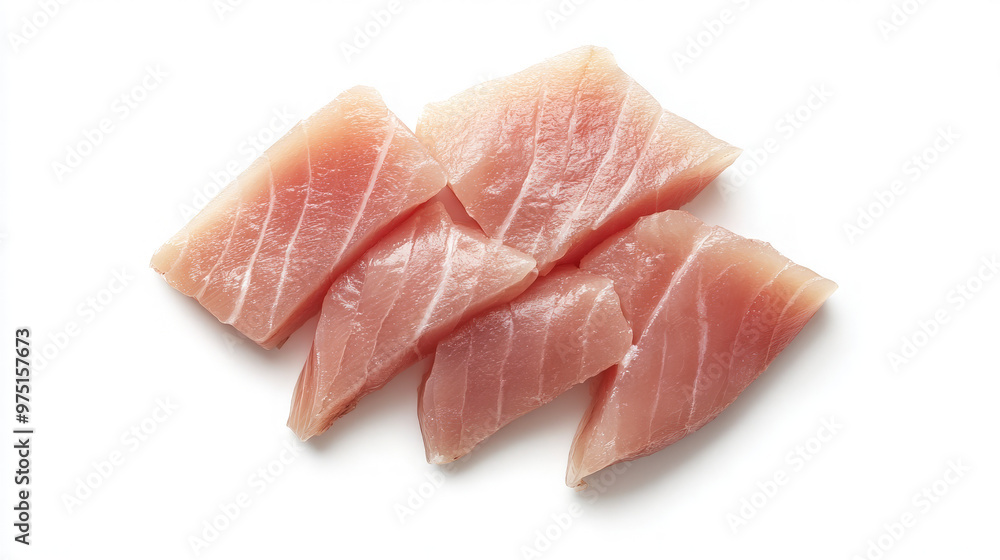 Four pieces of fresh raw tuna fillet isolated on white background. Four pieces of fresh raw tuna fillet isolated on white background.