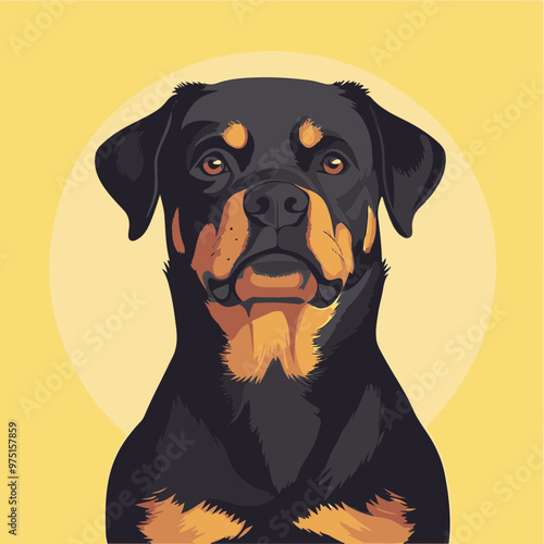 Stylized Rottweiler Portrait on Yellow Background