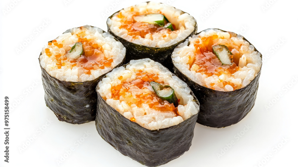 Four pieces of sushi rolls with seaweed, rice, and fish on a white background. Four pieces of sushi rolls with seaweed, rice, and fish on a white background.