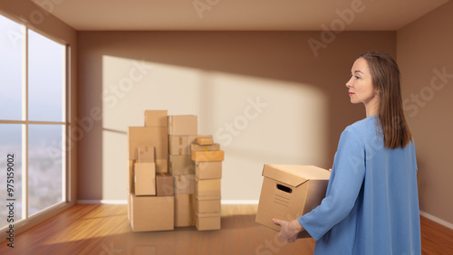 Woman moving. Girl carries ...
