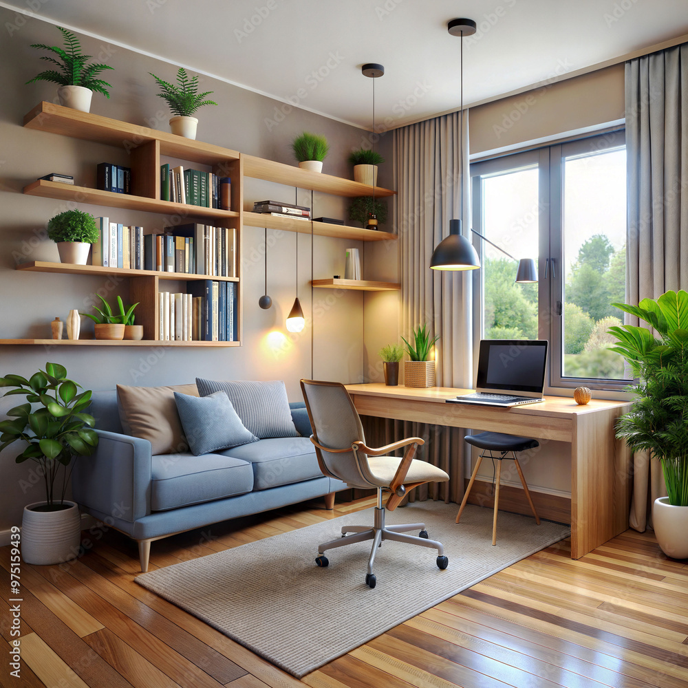 A living room with a home office nook A living room with a home office nook