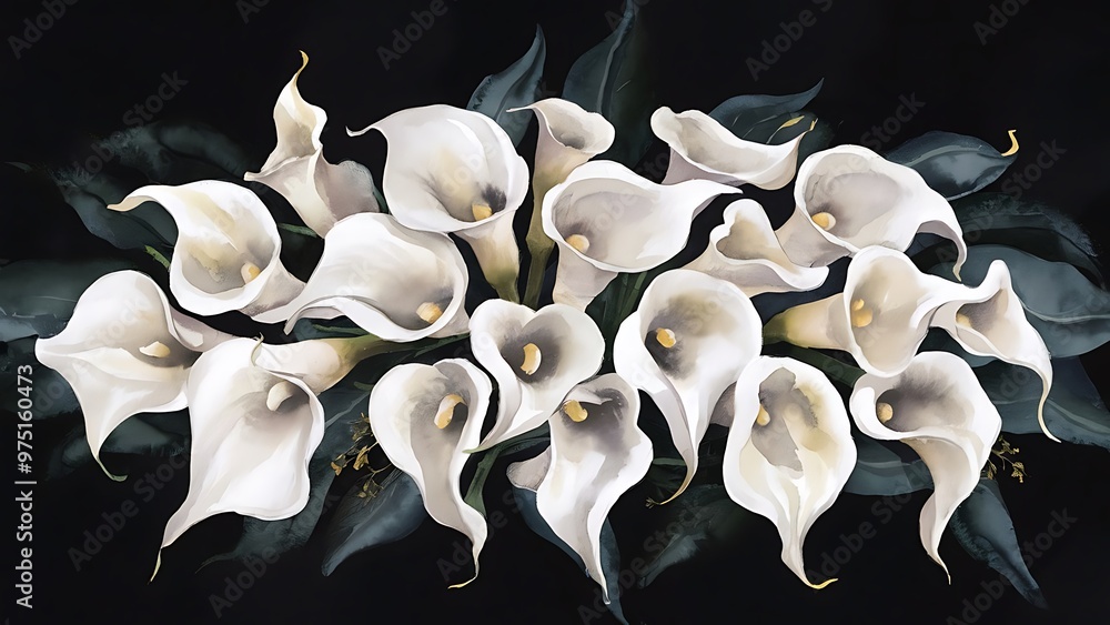 Obraz premium Watercolor white callas flowers seamless pattern, hand painted on a dark background