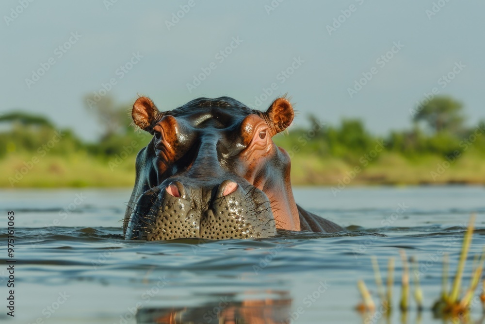 Fototapeta premium Serene hippopotamus submerged in water amidst lush greenery at sunset AI