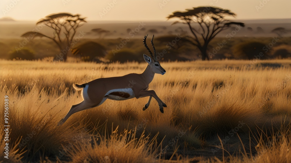A graceful gazelle leaping across a sunlit savanna, with tall golden grasses swaying in the wind and distant acacia trees dotting the horizon.