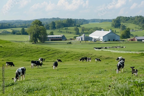 Idyllic countryside landscape with grazing cows and farm buildings AI