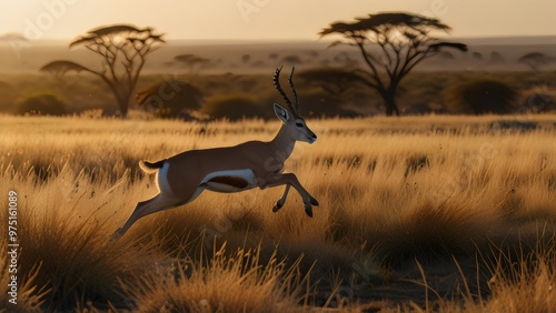 Obraz na płótnie A graceful gazelle leaping across a sunlit savanna, with tall golden grasses swaying in the wind and distant acacia trees dotting the horizon. w salonie