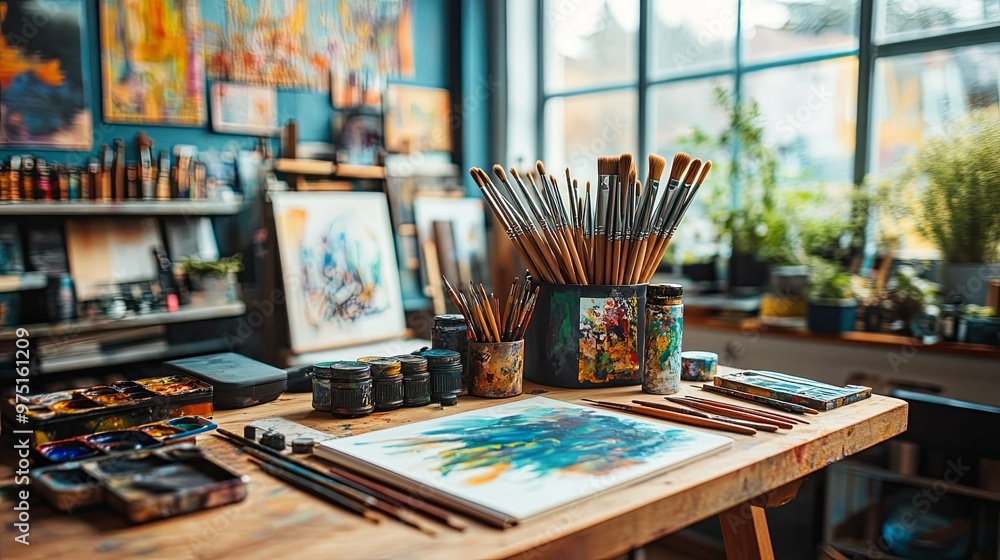 Artist's Work Space with Paintbrushes, Palette and Watercolor Paper Artist's Work Space with Paintbrushes, Palette and Watercolor Paper