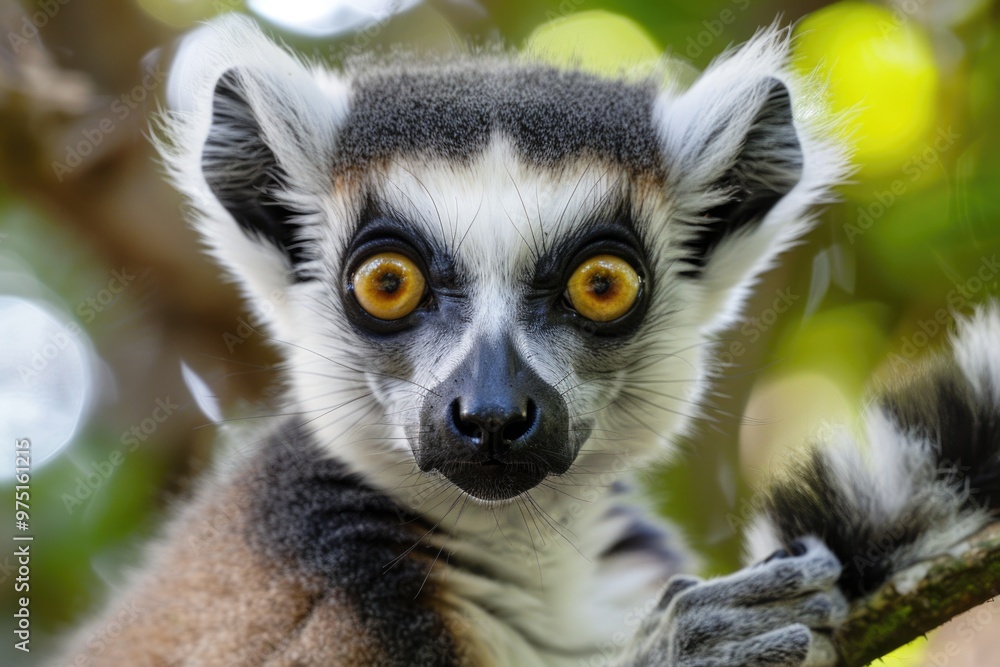 Obraz premium Curious ring-tailed lemur with bright eyes in natural habitat AI