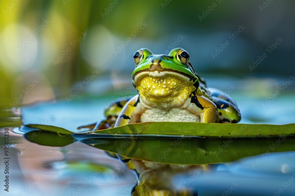 Vibrant green frog resting on leaf in tranquil water AI Vibrant green frog resting on leaf in tranquil water AI