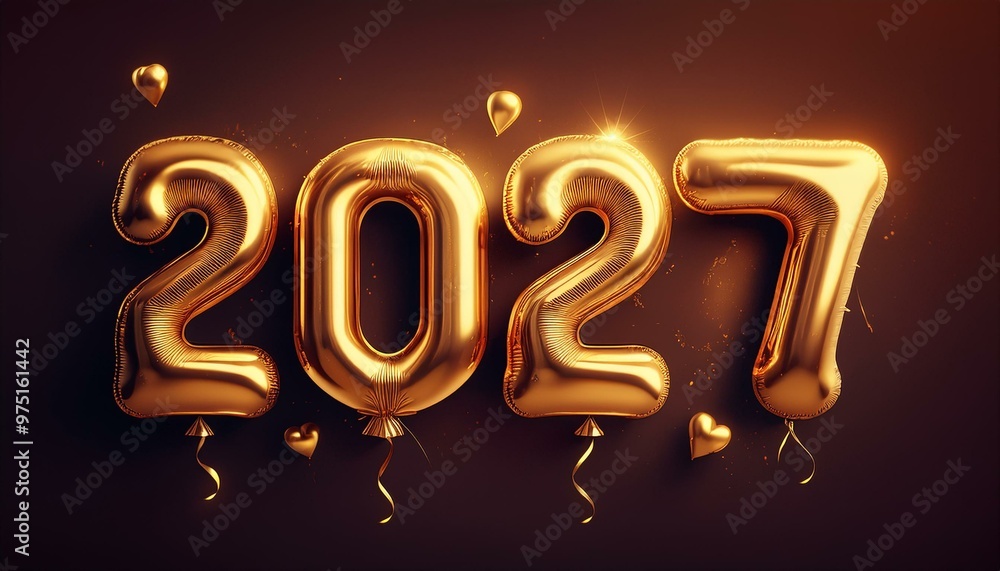 Golden foil balloon 2027 floats in neutral space Golden foil balloon 2027 floats in neutral space